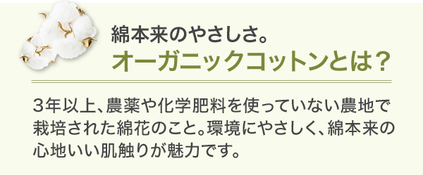 綿本来のやさしさ。オーガニックコットンとは？ 3年以上、農薬や化学肥料を使っていない農地で栽培された綿花のこと。環境にやさしく、綿本来の心地いい肌触りが魅力です。