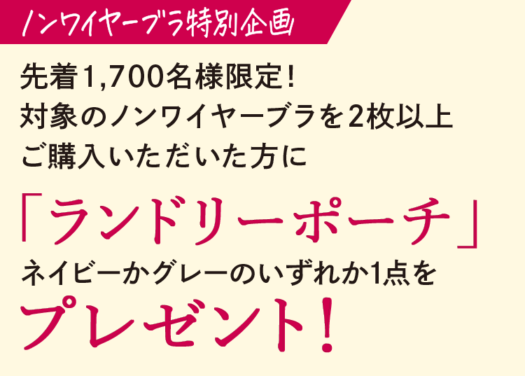 ノンワイヤーブラ特別企画 先着 1,700名様限定!対象のノンワイヤーブラを2枚以上ご購入いただいた方に「ランドリーポーチ」ネイビーかグレーのいずれか1点をプレゼント!