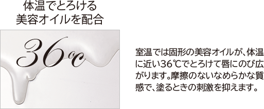 体温でとろける美容オイルを配合 室温では固形の美容オイルが、体温に近い36℃でとろけて唇にのび広がります。摩擦のないなめらかな質感で、塗るときの刺激を抑えます。