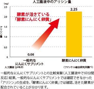 人工腸液中のアリシン量 一般的なにんにくサプリメントとの比較実験（人工腸液中で60分間反応）結果。一般的なにんにくサプリメントでは確認できなかった「アリシン」の生成を、「酵素にんにく卵黄」では確認。活きた酵素が配合されていることが分かります。