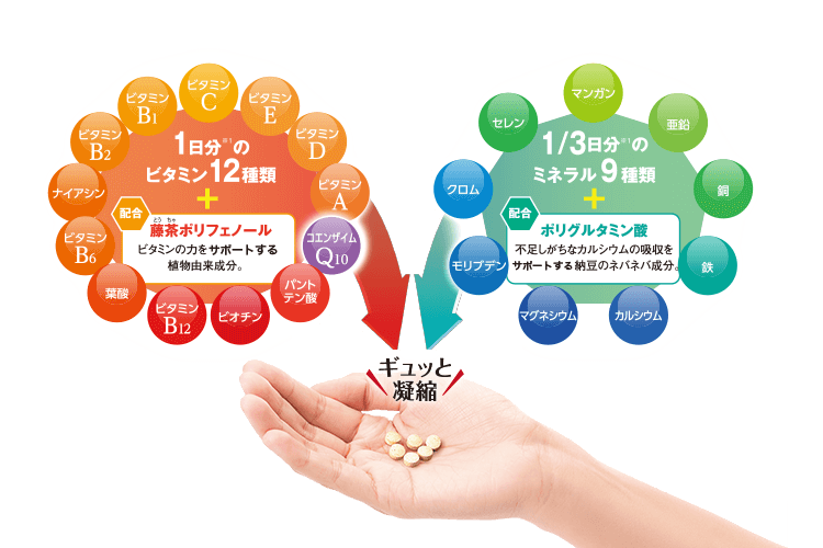 1日分※1のビタミン12種類(ビタミンC,ビタミンE,ビタミンD,ビタミンA,コエンザイムQ10,パントテン酸,ビオチン,ビタミンB12,葉酸,ビタミンB6,ナイアシン,ビタミンB2,ビタミンB1)+藤茶ポリフェノール配合 ビタミンの力をサポートする植物由来成分。 1/3日分※1のミネラル9種類(マンガン,亜鉛,銅,鉄,カルシウム,マグネシウム,モリブデン,クロム,セレン)+ポリグルタミン酸配合 不足しがちなカルシウムの吸収をサポートする納豆のネバネバ成分。