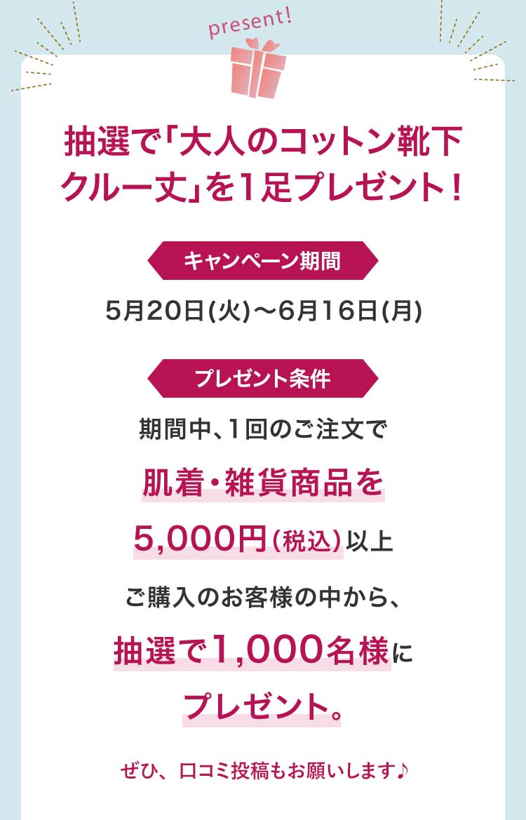 抽選で「大人のコットン靴下クルー丈」を1足プレゼント!