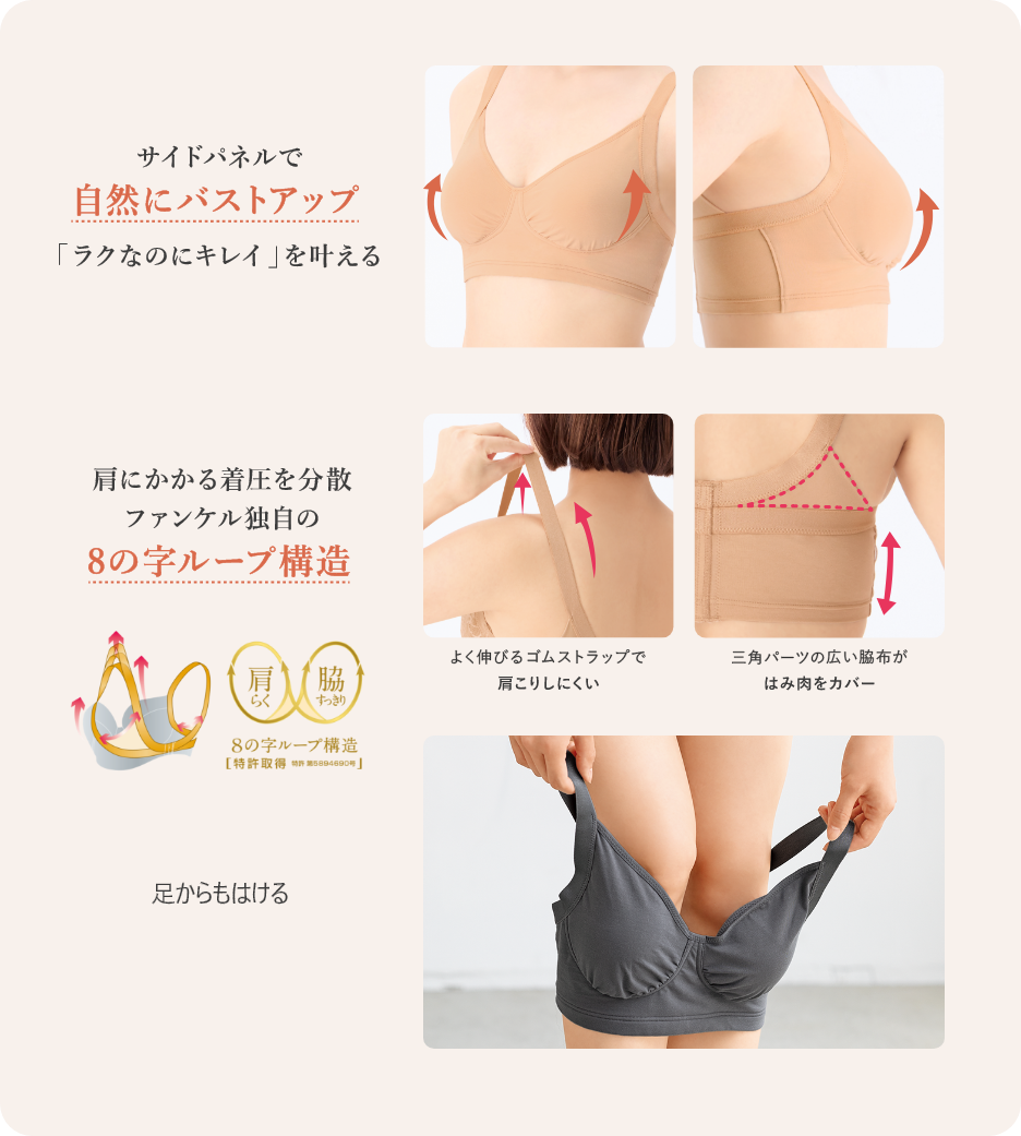 サイドパネルで自然にバストアップ「ラクなのにキレイ」を叶える／肩にかかる着圧を分散 ファンケル独自の8の字ループ構造