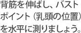 背筋を伸ばし、バストポイント（乳頭の位置）を水平に測りましょう。