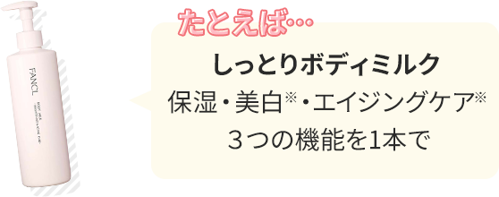 たとえば… しっとりボディミルク：保湿・美白※・エイジングケア※3つの機能を1本で
