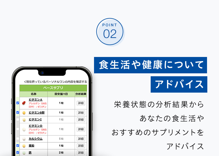 POINT 02 食生活や健康についてアドバイス 栄養状態の分析結果からあなたの食生活やおすすめのサプリメントをアドバイス