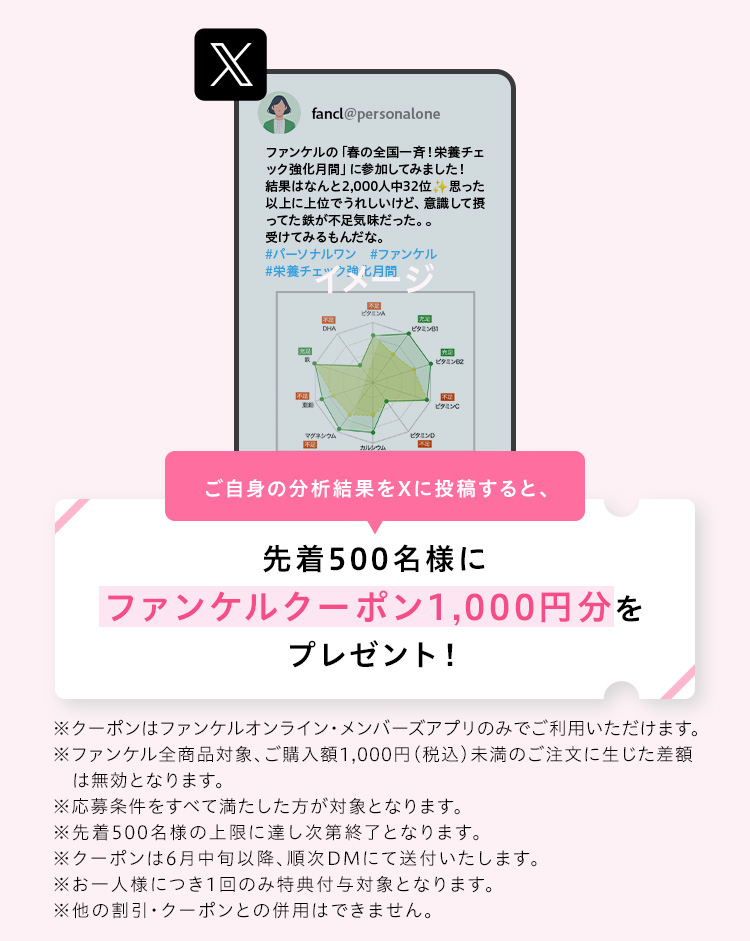 ご自身の分析結果をXに投稿すると、先着500名様にファンケルクーポン1,000円分をプレゼント！