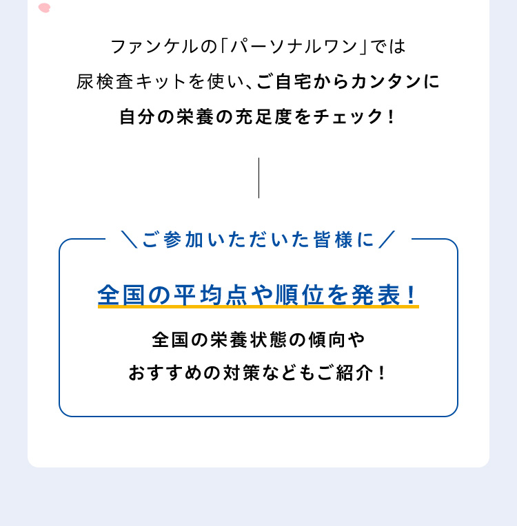 ファンケルの「パーソナルワン」では尿検査キットを使い、ご自宅からカンタンに自分の栄養の充足度をチェック！＼ご参加いただいた皆様に／全国の平均点や順位を発表！全国の栄養状態の傾向やおすすめの対策などもご紹介！