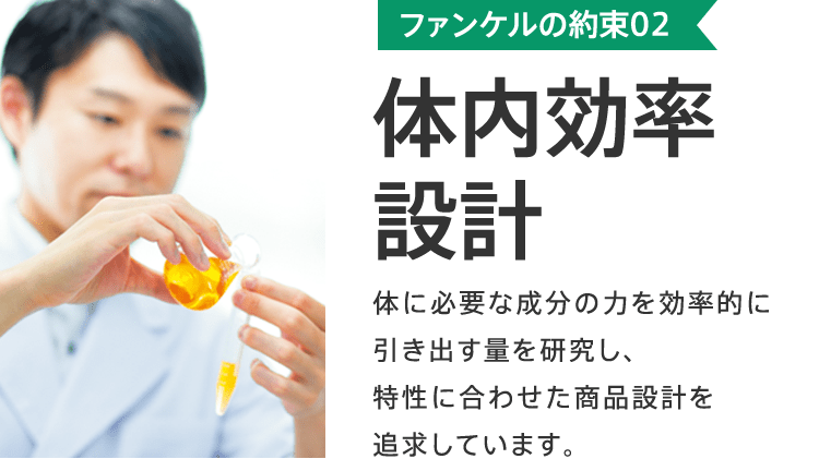 ファンケルの約束02 体内効率設計 体に必要な成分の力を効率的に引き出す量を研究し、特性に合わせた商品設計を追求しています。