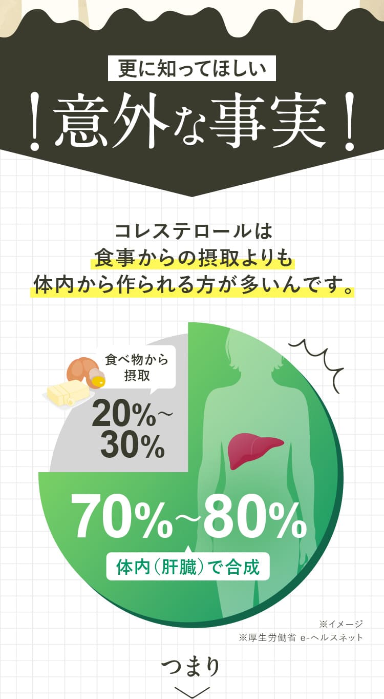 更に知ってほしい意外な事実 コレステロールは食事からの摂取よりも体内から作られる方が多いんです。