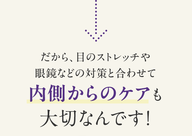 だから、目のストレッチや眼鏡などの対策と合わせて内側からのケアも大切なんです！