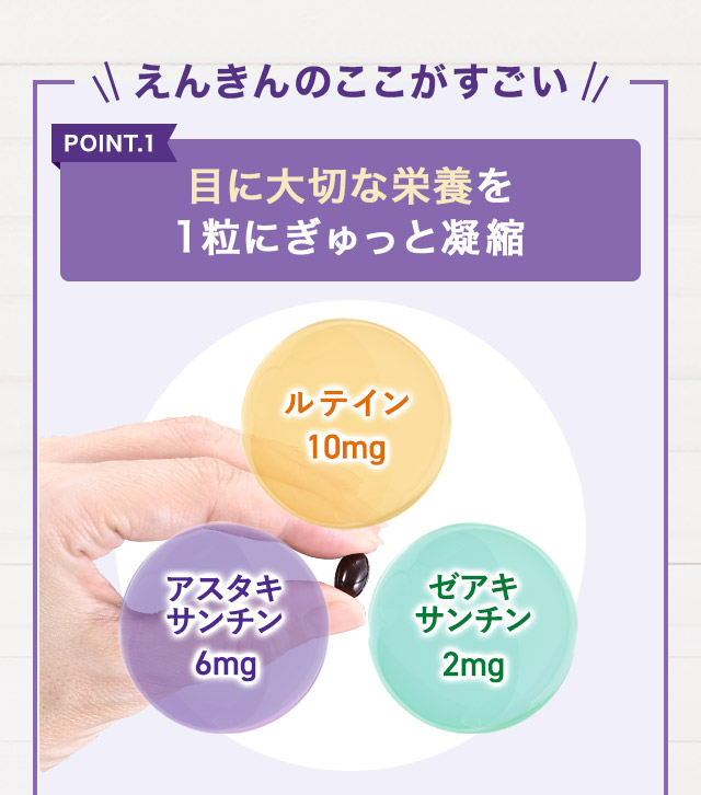 ＼えんきんのここがすごい/  POINT.1 目に大切な栄養を1粒にぎゅっと凝縮