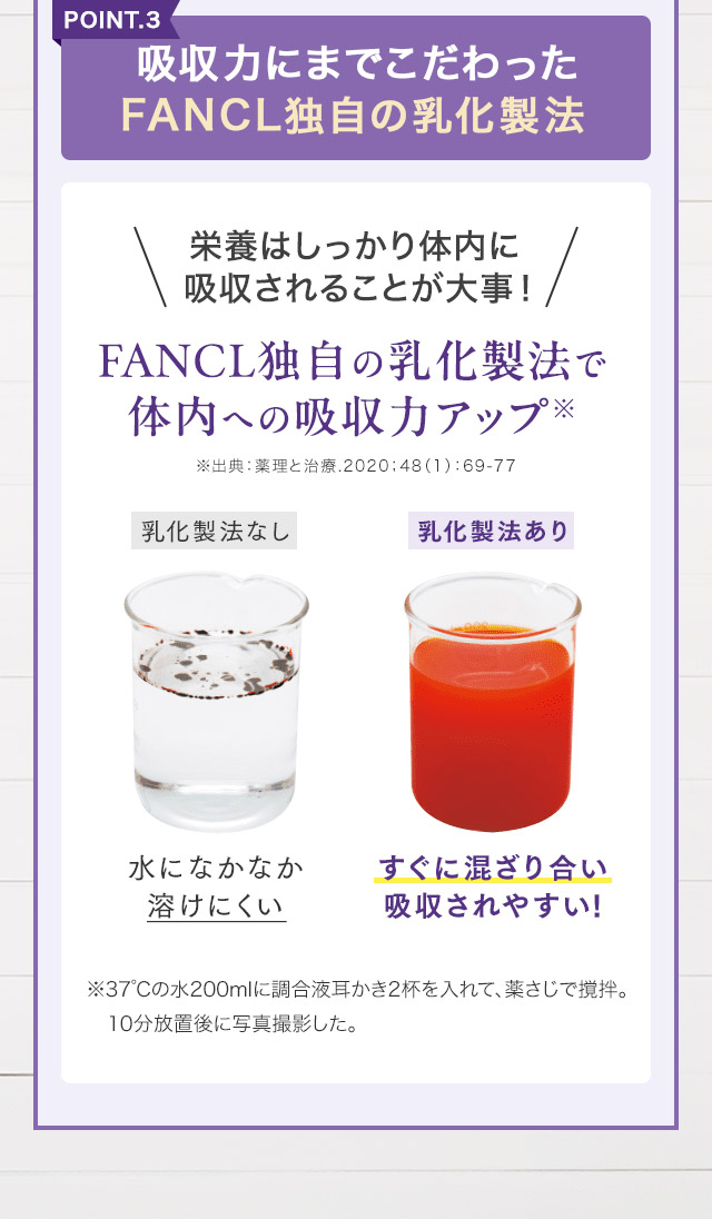 POINT.3 吸収力にまでこだわったFANCL独自の乳化製法