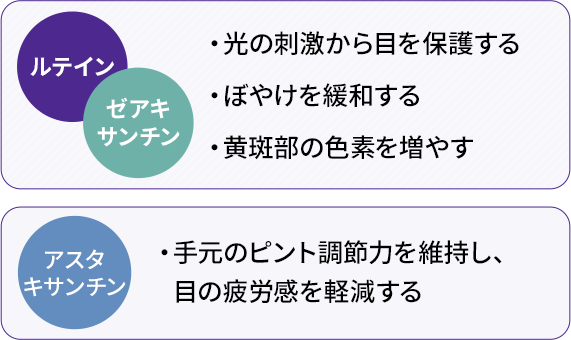 【ルテイン・ゼアキサンチン】・光の刺激から目を保護する ・ぼやけを緩和する ・黄斑部の色素を増やす 【アスタキサンチン】手元のピント調節力を維持し、目の疲労感を軽減する