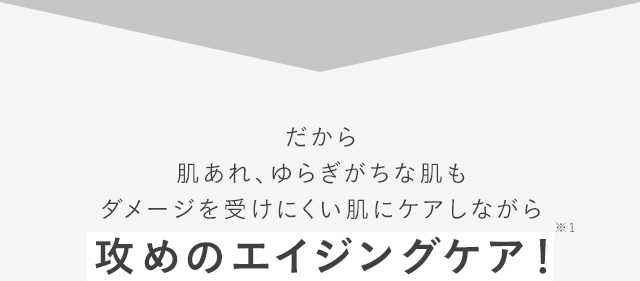 だから肌あれ、ゆらぎがちな肌もダメージを受けにくい肌にケアしながら攻めのエイジングケア！