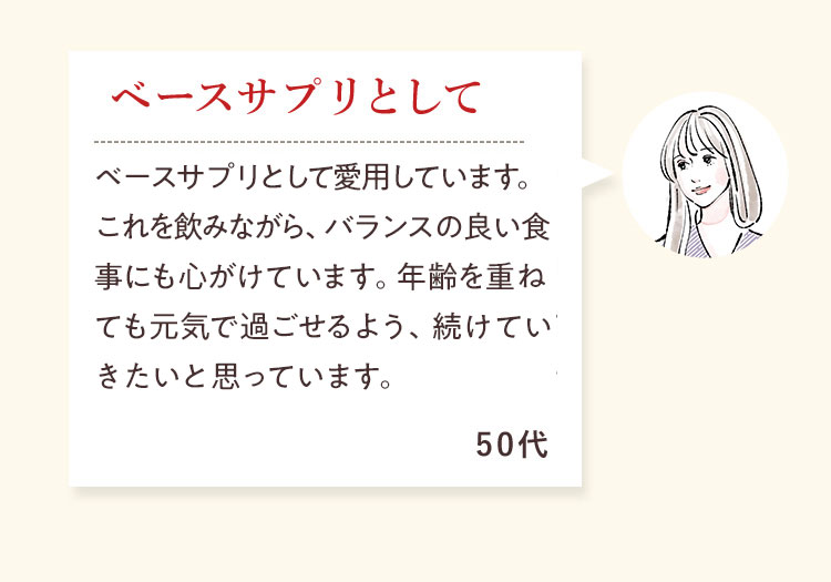 ベースサプリとしてベースサプリとして愛用しています。これを飲みながら、バランスの良い食事にも心がけています。年齢を重ねても元気で過ごせるよう、続けていきたいと思っています。50代