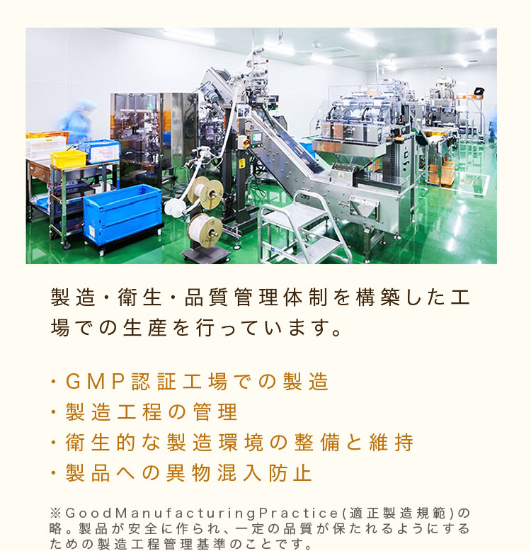 製造・衛生・品質管理体制を構築した工場での生産を行っています。・GMP認証工場での製造・製造工程の管理・衛生的な製造環境の整備と維持・製品への異物混入防止 ※GoodManufacturingPractice(適正製造規範)の略。製品が安全に作られ、一定の品質が保たれるようにするための製造工程管理基準のことです。