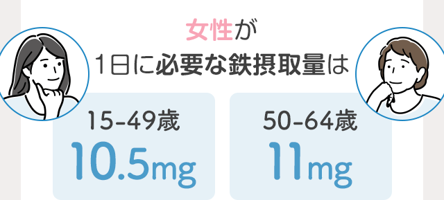 女性が1日に必要な鉄摂取量は15-49歳10.5mg、50-64歳11mg