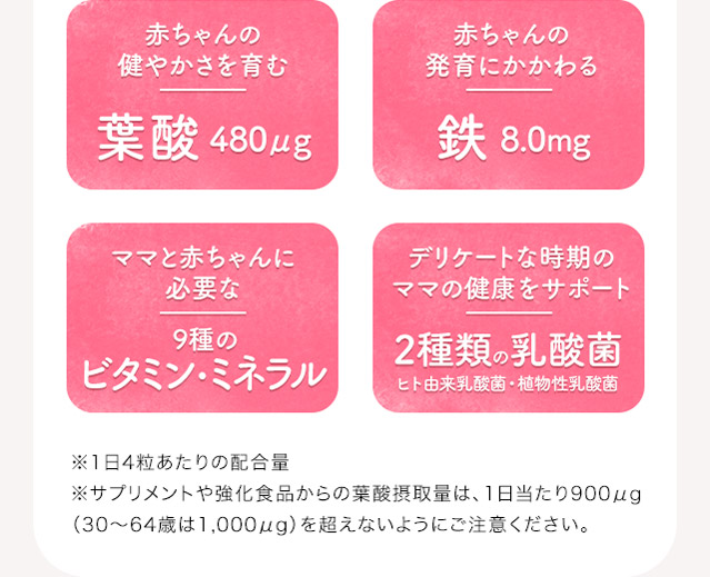 葉酸480μg 鉄8.0mg 9種のビタミン・ミネラル 2種類の乳酸菌