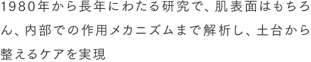 1980年から長年にわたる研究で、肌表面はもちろん、内部での作用メカニズムまで解析し、土台から整えるケアを実現