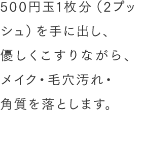 500円玉1枚分（2プッシュ）を手に出し、優しくこすりながら、メイク・毛穴汚れ・角質を落とします。