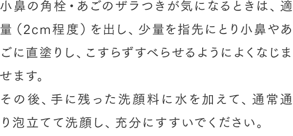 小鼻の角栓・あごのザラつきが気になるときは、適量（2cm程度）を出し、少量を指先にとり小鼻やあごに直塗りし、こすらずすべらせるようによくなじませます。その後、手に残った洗顔料に水を加えて、通常通り泡立てて洗顔し、充分にすすいでください。