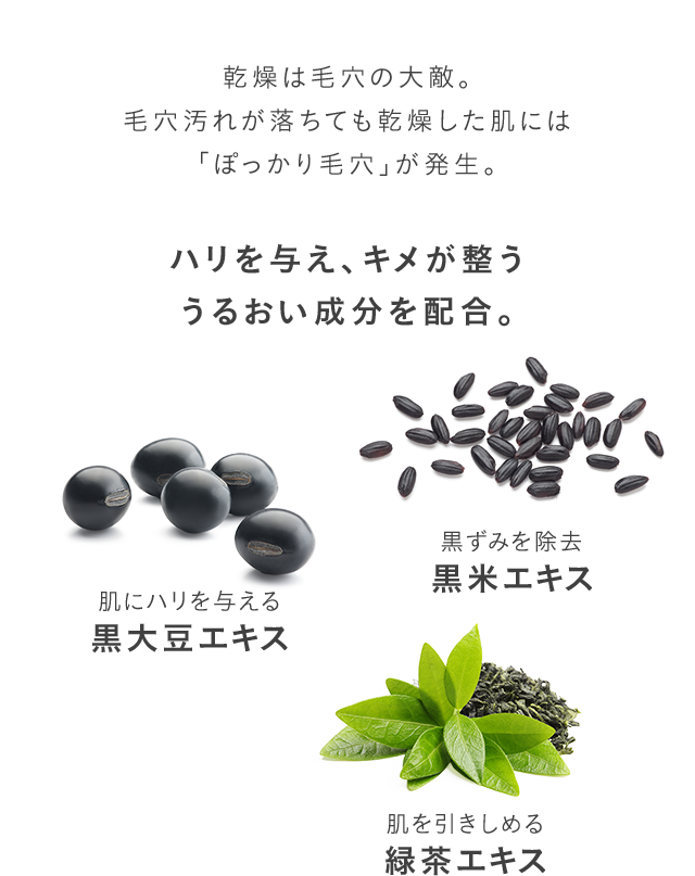 乾燥は毛穴の大敵。毛穴汚れが落ちても乾燥した肌には「ぽっかり毛穴」が発生。ハリを与え、キメが整ううるおい成分を配合。肌にハリを与える黒大豆エキス 黒ずみを除去黒米エキス 肌を引きしめる緑茶エキス