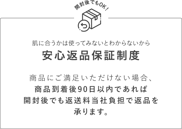 まずはお肌に合うか試してほしいから安心返品保証制度 商品にご満足いただけない場合、商品到着後90日以内であれば開封後でも返送料当社負担で返品を承ります。