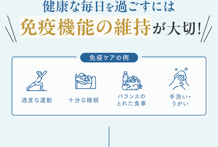 健康な毎日を過ごすには免疫機能の維持が大切！ 免疫ケアの例 適度な運動/十分な睡眠/バランスのとれた食事/手洗い・うがい