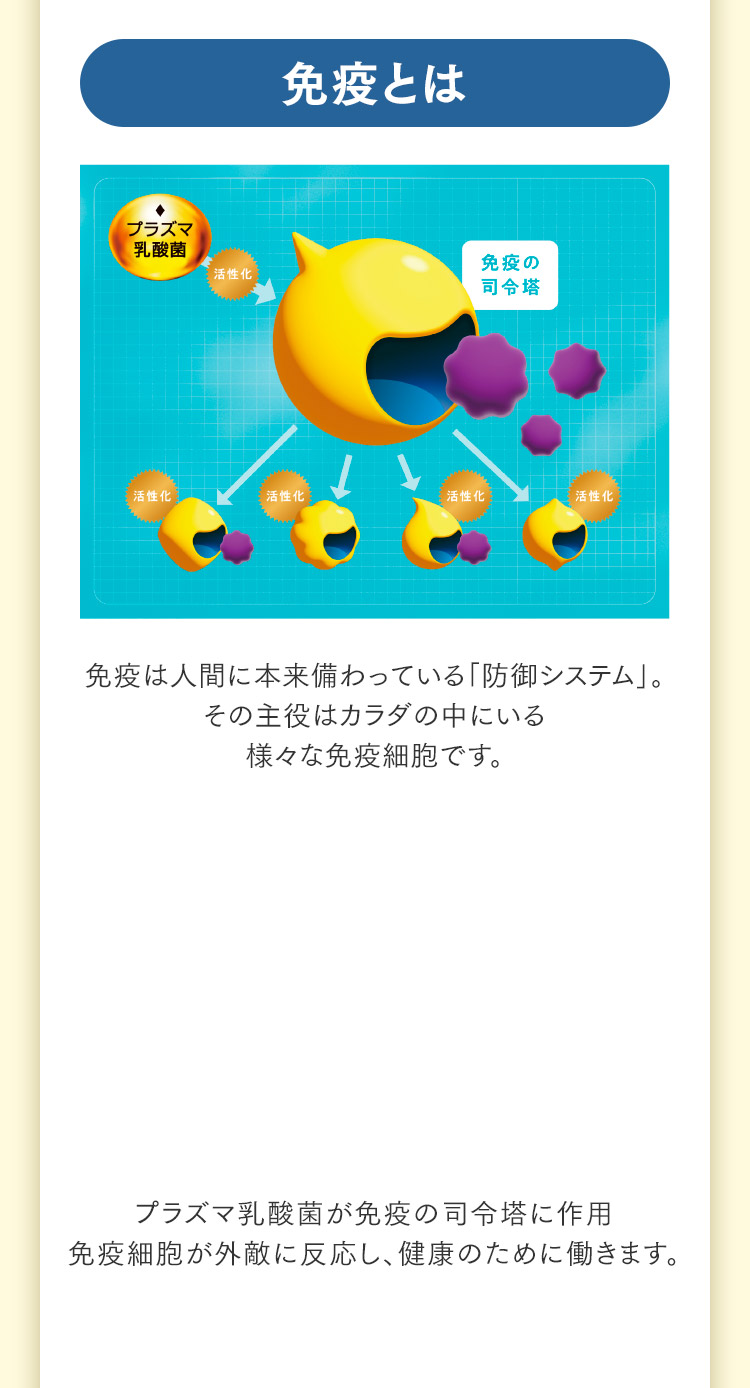 免疫とは免疫は人間に本来備わっている「防御システム」。その主役はカラダの中にいる様々な免疫細胞です。プラズマ乳酸菌が免疫の司令塔に作用免疫細胞が外敵に反応し、健康のために働きます。