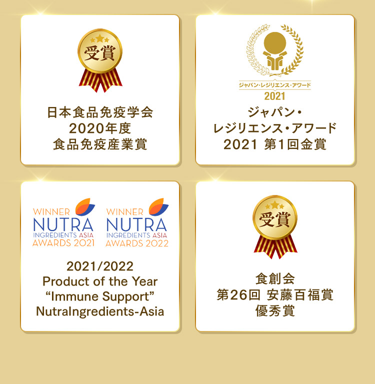 日本食品免疫学会2020年度食品免疫産業賞/ジャパン・レジリエンス・アワード2021 2021/2022 Product of the Year Immune Support NutraIngredients-Asia　第1回金賞/食創会第26回 安藤百福賞優秀賞