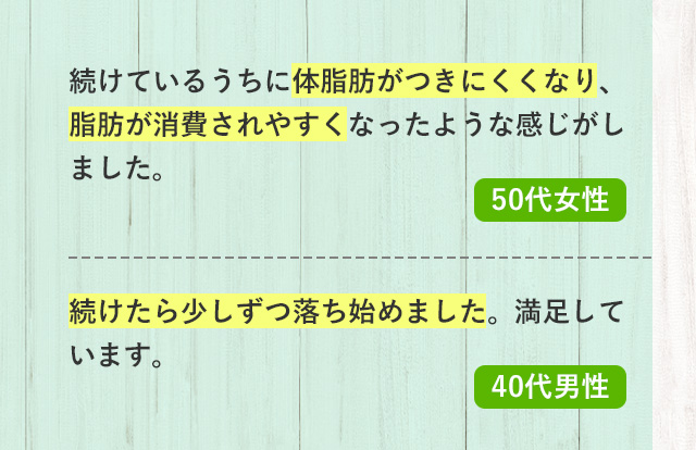 続けているうちに体脂肪がつきにくくなり、脂肪が消費されやすくなったような感じがしました。 50代女性 続けたら少しずつ落ち始めました。満足しています。 40代男性