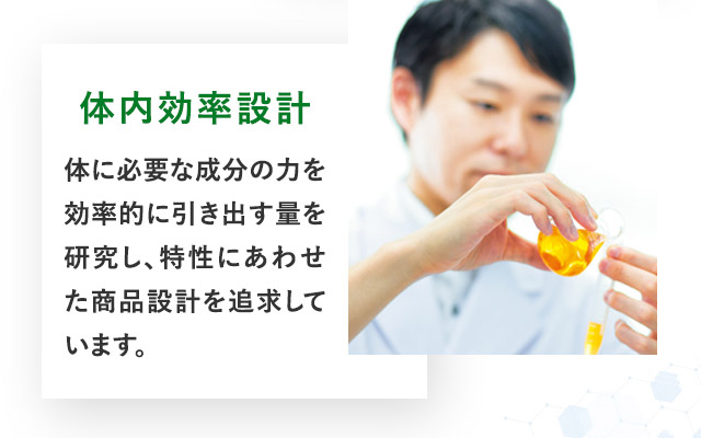 体内効率設計 体に必要な成分の力を効率的に引き出す量を研究し、特性にあわせた商品設計を追求しています。