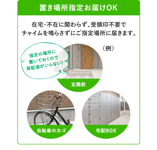置き場所指定お届けOK 指定の場所に 置いておくので 再配達がいらない！ (例)玄関前 自転車のカゴ 宅配BOX