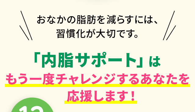 ＼おなかの脂肪を減らすには、習慣化が大切です。／「内脂サポート」はもう一度チャレンジするあなたを応援します！