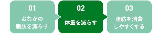 01 おなかの 脂肪を減らす 02 体重を減らす 03脂肪を消費しやすくする