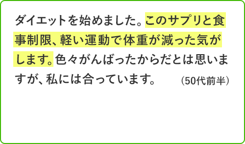 ダイエットを始めました。このサプリと食事制限、軽い運動で体重が減った気がします。色々がんばったからだとは思いますが、私には合っています。50代前半