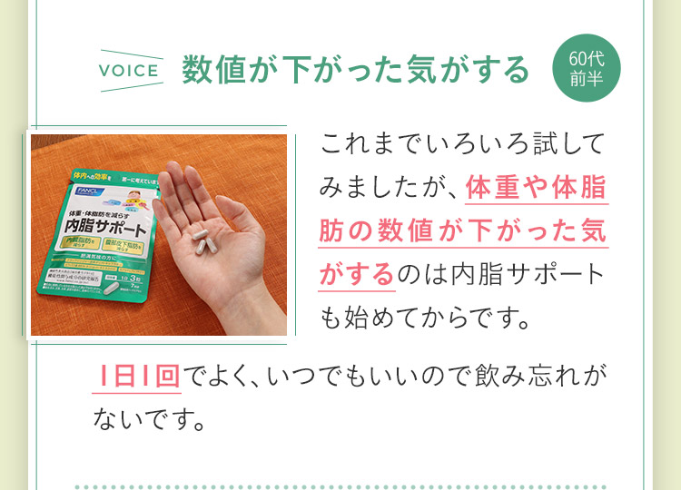 これまでいろいろ試してみましたが、体重や体脂肪の数値が下がった気がするのは内脂サポートも始めてからです。１日１回でよく、いつでもいいので飲み忘れがないです。