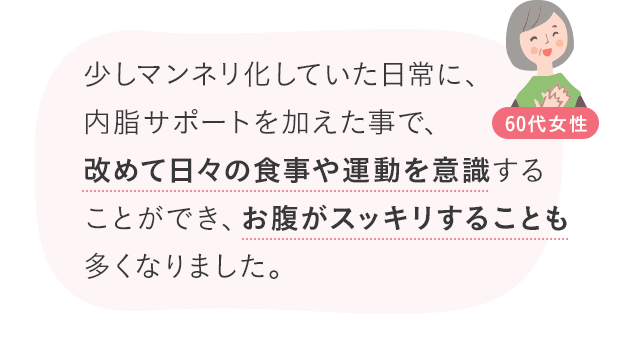 少しマンネリ化していた日常に、内脂サポートを加えた事で、改めて日々の食事や運動を意識することができ、お腹がスッキリすることも多くなりました。