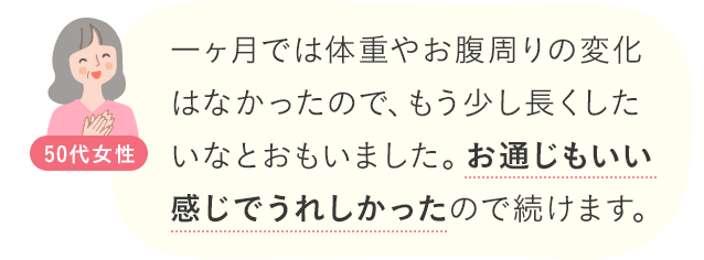 一ヶ月では体重やお腹周りの変化はなかったので、もう少し長くしたいなとおもいました。お通じもいい感じでうれしかったので続けます。