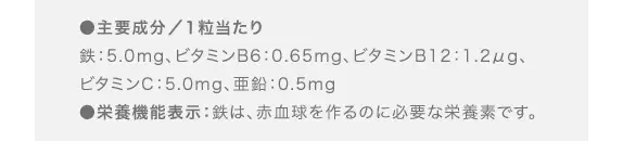 ●主要成分／1粒当たり 鉄：5.0mg、ビタミンB6：0.65mg、ビタミンB12：1.2μg、ビタミンC：5.0mg、亜鉛：0.5mg ●栄養機能表示：鉄は、赤血球を作るのに必要な栄養素です。