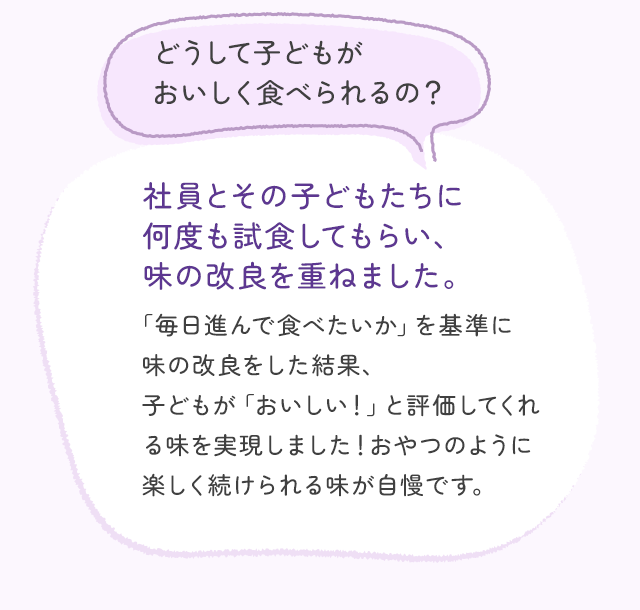 どうして子どもがおいしく食べられるの？ 社員とその子どもたちに何度も試食してもらい、味の改良を重ねました。 「毎日進んで食べたいか」を基準に味の改良をした結果、子どもが「おいしい！」と評価してくれる味を実現しました！おやつのように楽しく続けられる味が自慢です。