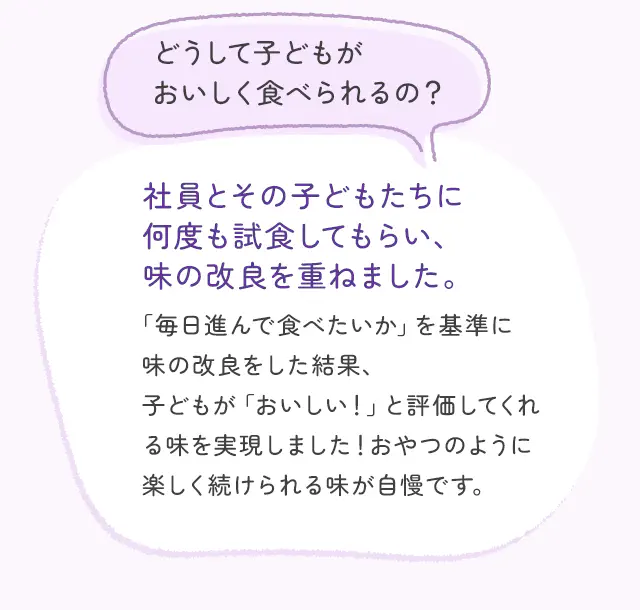 どうして子どもがおいしく食べられるの？ 社員とその子どもたちに何度も試食してもらい、味の改良を重ねました。 「毎日進んで食べたいか」を基準に味の改良をした結果、子どもが「おいしい！」と評価してくれる味を実現しました！おやつのように楽しく続けられる味が自慢です。