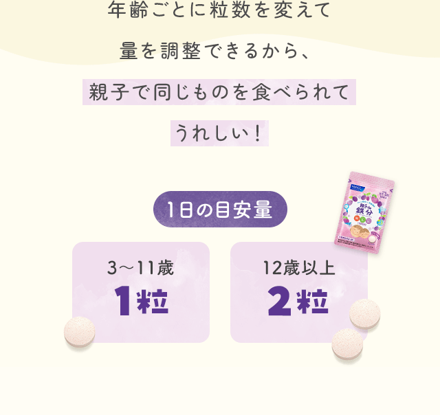 年齢ごとに粒数を変えて量を調整できるから、親子で同じものを食べられてうれしい！