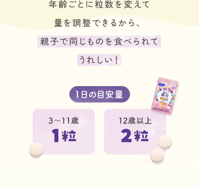 年齢ごとに粒数を変えて量を調整できるから、親子で同じものを食べられてうれしい！