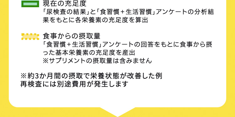 現在の充足度 「尿検査の結果」と「食習慣＋生活習慣」アンケートの分析結果をもとに各栄養素の充足度を算出 食事からの摂取量 「食習慣＋生活習慣」アンケートの回答をもとに食事から摂った基本栄養素の充足度を産出 ※サプリメントの摂取量は含みません