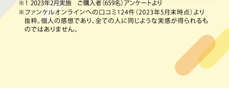 ※1 2023年2月実施　ご購入者（659名）アンケートより ※ファンケルオンラインへの口コミ124件（2023年5月末時点）より抜粋。個人の感想であり、全ての人に同じような実感が得られるものではありません。