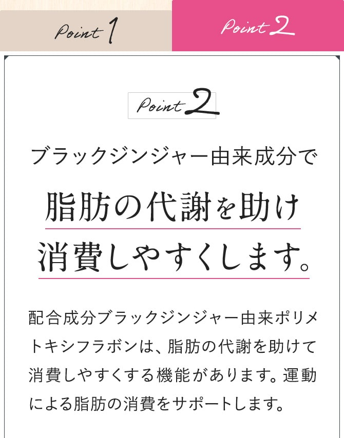 Point2 ブラックジンジャー由来成分で脂肪の代謝を助け消費しやすくします。