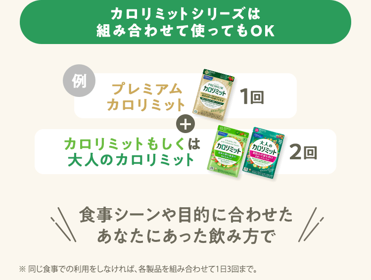 カロリミットシリーズは組み合わせて使ってもOK 例）プレミアムカロリミット1回 ＋ カロリミットもしくは大人のカロリミット2回 食事シーンや目的に合わせたあなたにあった飲み方で ※ 同じ食事での利用をしなければ、各製品を組み合わせて1日3回まで。