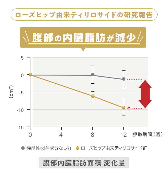 ローズヒップ由来ティリロサイドの研究報告 腹部の内臓脂肪が減少